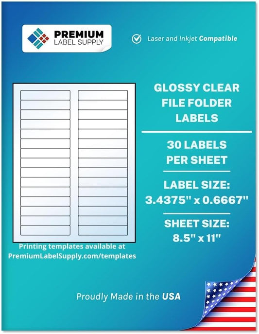 Premium Label Supply Glossy Clear File Folder Labels – 3.4375" x 0.6667" – Laser/Inkjet Compatible – (30 per Sheet), 25 Sheets – 750 Total Adhesive Labels