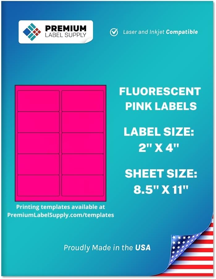 Premium Label Supply Bright Neon Color Fluorescent Stickers - 2" x 4" Labels - (Pink Fluorescent, 250 Labels)