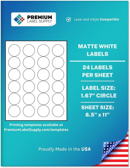 Premium Label Supply White Sticker Round Labels – 1-2/3" Circle – Laser/Inkjet Compatible – (24 per Sheet), 25 Sheets – 600 Total Adhesive Labels