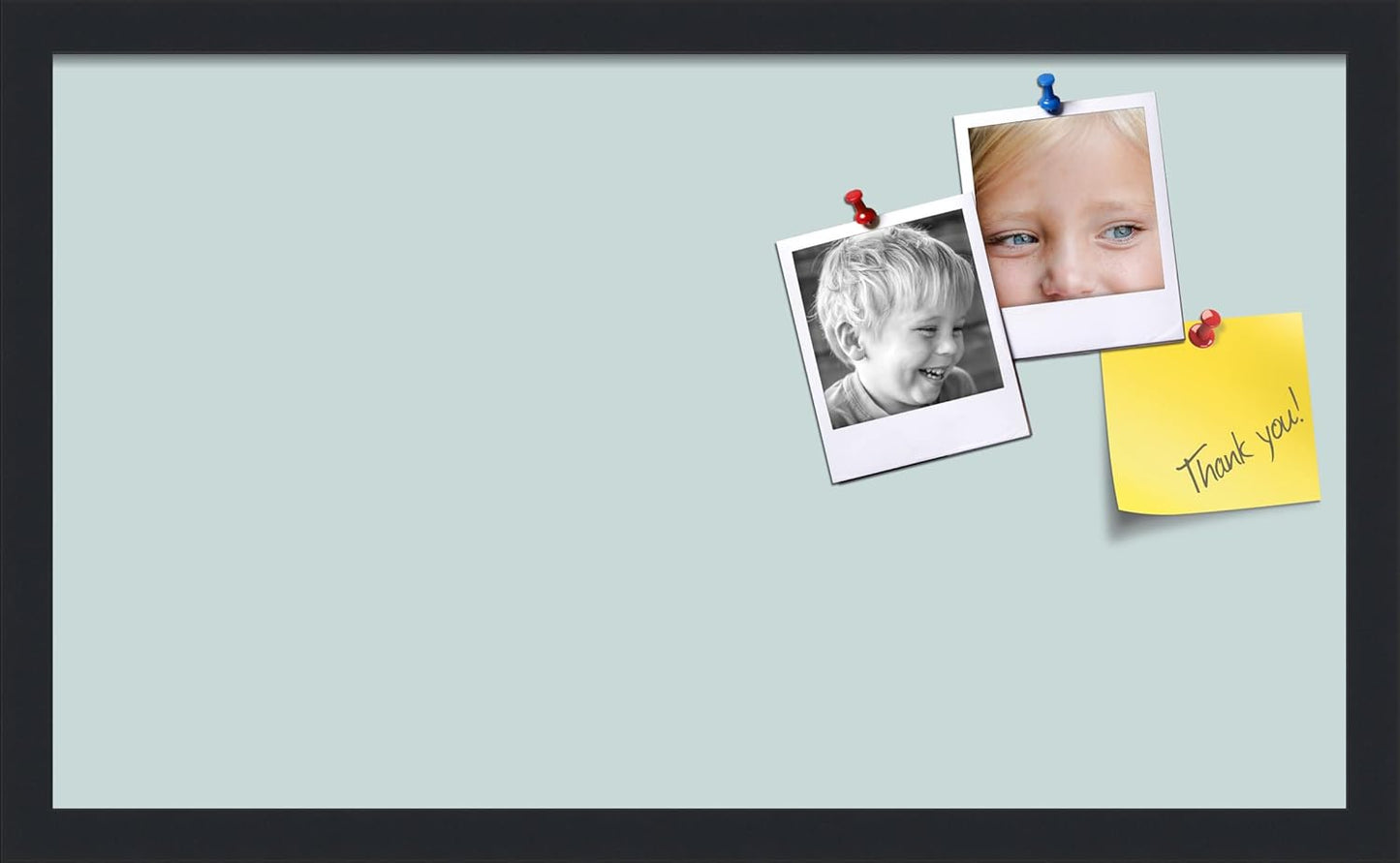 PinPix 24x14 Inch Cork Bulletin Board. This Decorative Framed Pin Board Comes with Soft Blue Design and a Satin Black Frame. Ideal for Home Office Decor or Message Board (PinPix-1814)