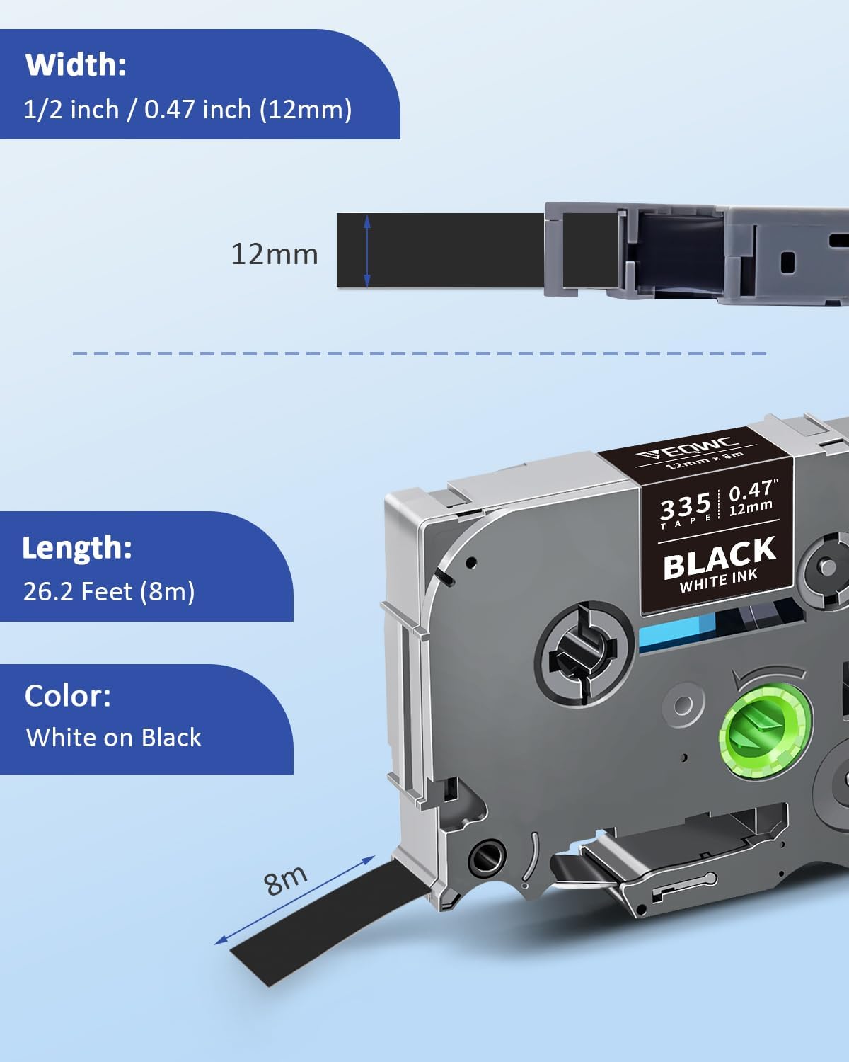 Tze335 Tze 12mm 0.47 Laminated Black Label Maker Tape Compatible for Brother Tze-335 Tz-335 Tz 1/2 Refill Work for Ptouch PT-D210 PT-D220 PT-H110 PT-D400 PT-D600, White on Black, 4 Pack
