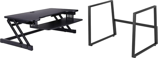 Rocelco 37.5" Height Adjustable Standing Desk Converter with Floor Stand Bundle - Slide Out Retractable Keyboard Tray - Sit Stand Up Dual Monitor Riser - Computer Workstation - Black (R DADRB-STFS)