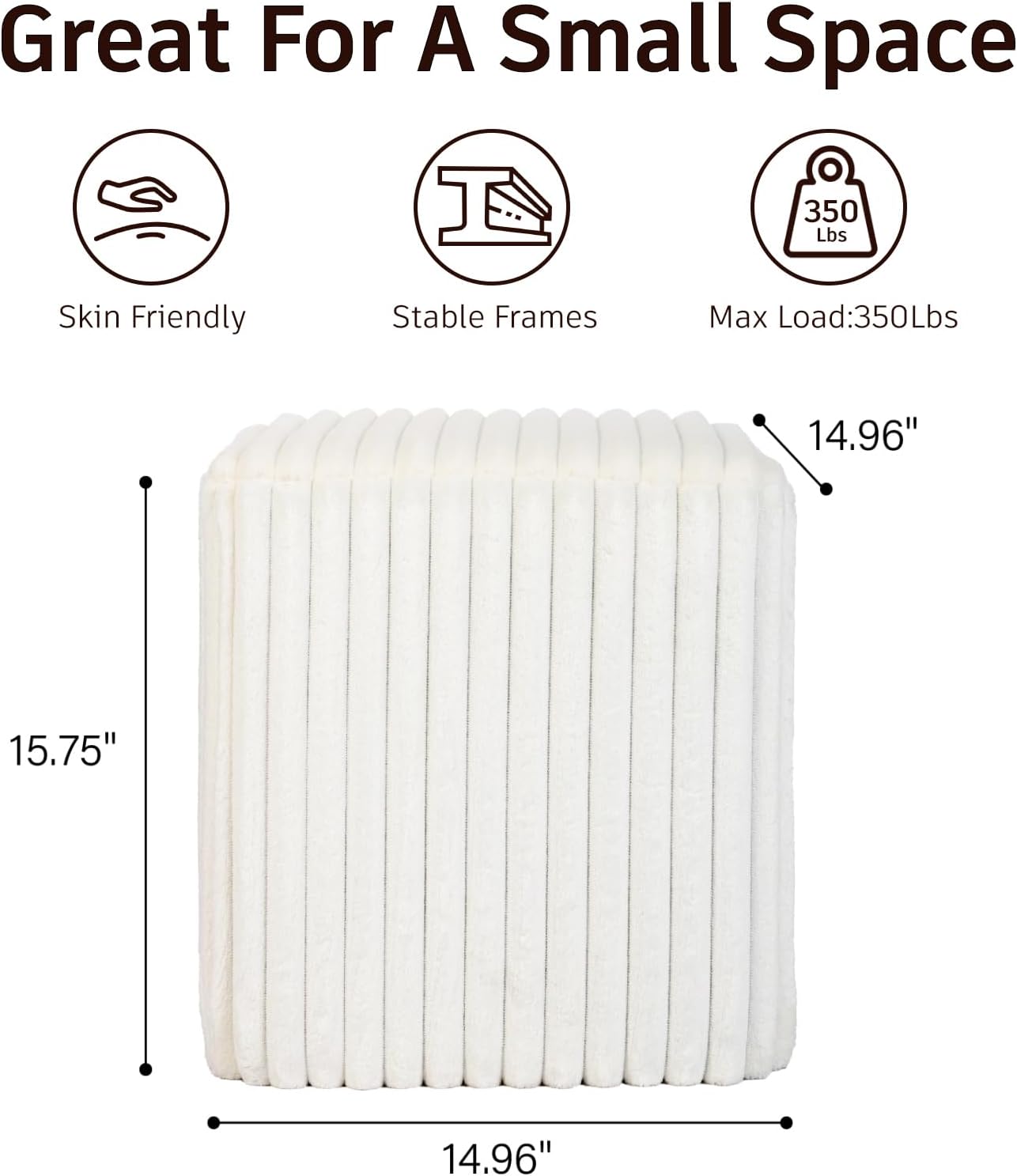 Modern Square Ottoman 2Pcs, Vertical Channel Tufted Foot Stool Ottoman, Velvet Upholstered Vanity Stool for Makeup, Bedroom, Living Room, White