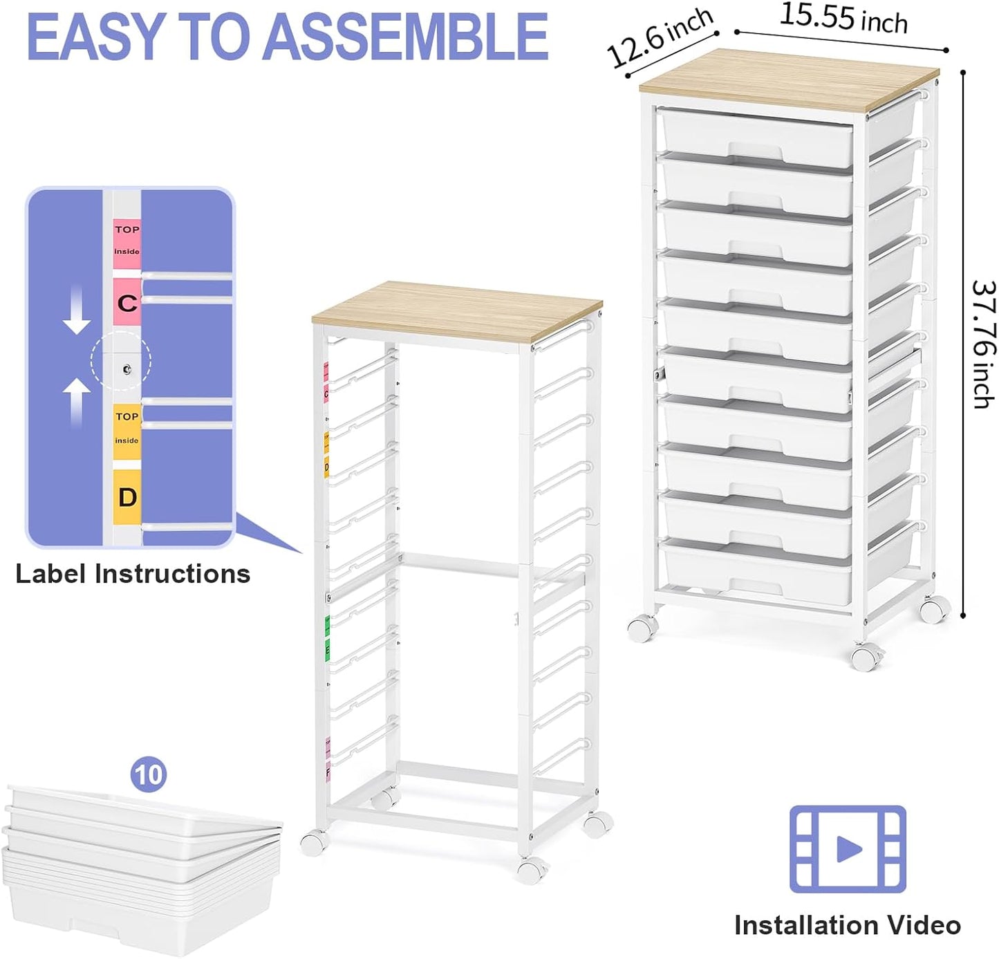 Rolling Cart with Drawers,10 Drawer Rolling Cart,Storage Cart with Wheels,Utility Cart with Drawers,Teacher Cart for Classroom Storage,Craft Cart with Wheels and Wooden Tabletop,White