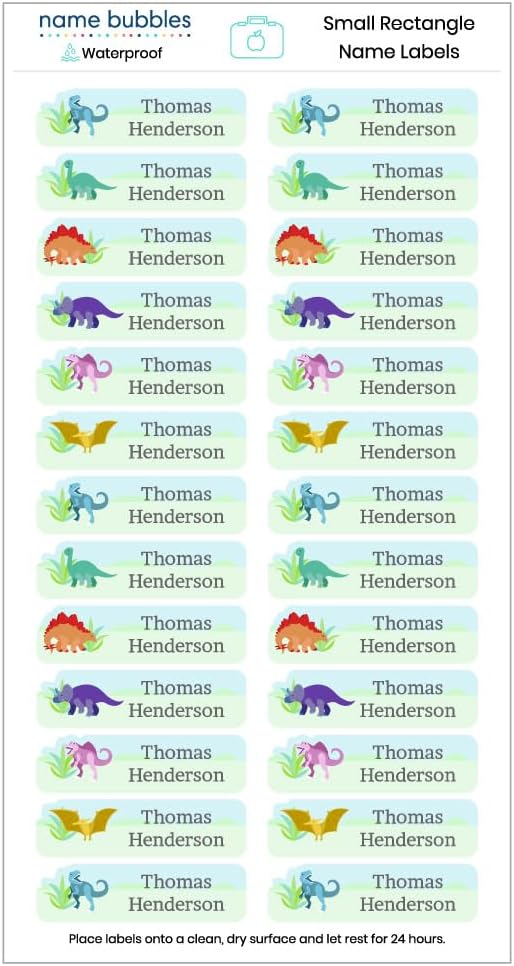 Name Bubbles - Custom Small Rectangle Name Labels for Kids (64 Labels) - Personalized Waterproof Name Stickers for Daycare, Lunch Boxes, Water Bottles, Shoes, School Supplies, & Camp (Dinosaur)