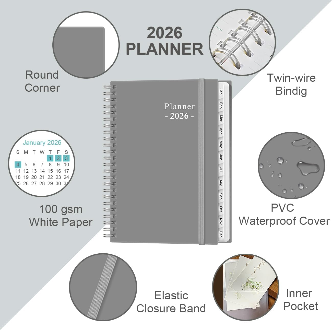 2026 Planner - Planner 2026 from January 2026 - December 2026, Weekly & Monthly Planner Spiral Bound with 12 Monthly Tabs, Inner Pocket, 6.4" x 8.5", Grey-E