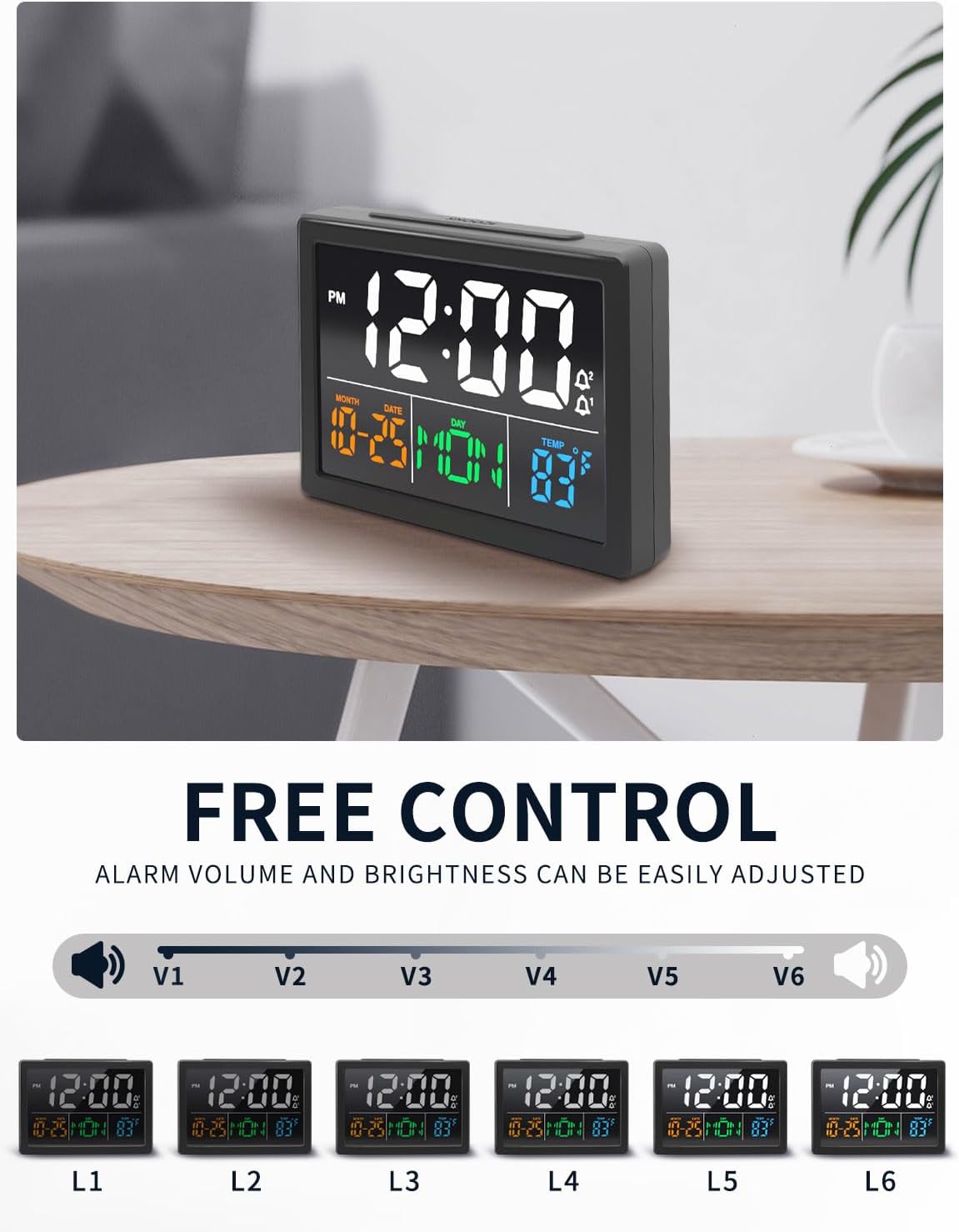 Digital Alarm Clock, with 5.5" Large LED Time Display, Adjustable Alarm Volume, 6 Level Brightness, Alarm Settings, USB Charger, Temperature Detect, Snooze, Clocks for Bedroom, Bedside, Desk, Black