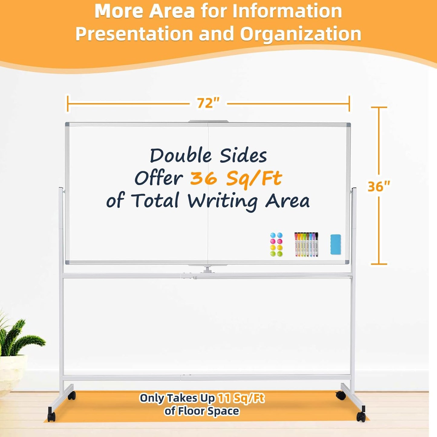 WALGLASS Rolling Whiteboard on Wheels, 72"x36" Double-Sided Dry Erase White Board with Stand, Large Magnetic Whiteboard, Giant Portable Standing Whiteboards for Office, School, Home, Classroom 6x3 ft