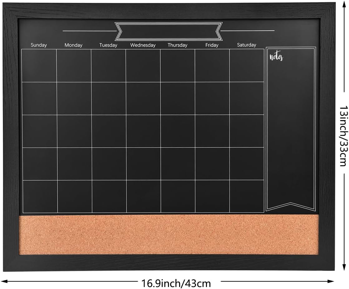 TORASO Magnetic Chalkboard Calendar Corkboard, Small Combination Chalk Board Bulletin Board, 13" x 17",Black Wood Framed Blackboard Calendar Cork Combo Board(ZHHB-BK-3343)