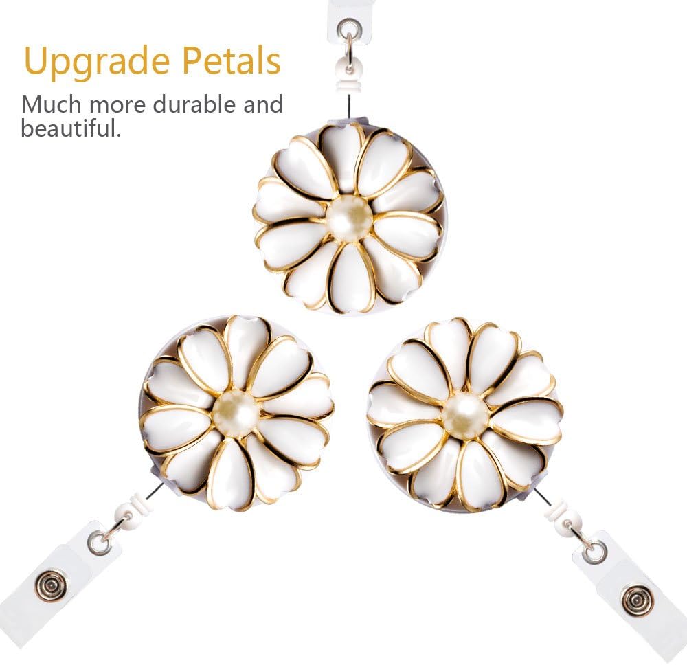 Retractable Badge Holder, ID Badge Reel with Pearl, 3 Pack (White)