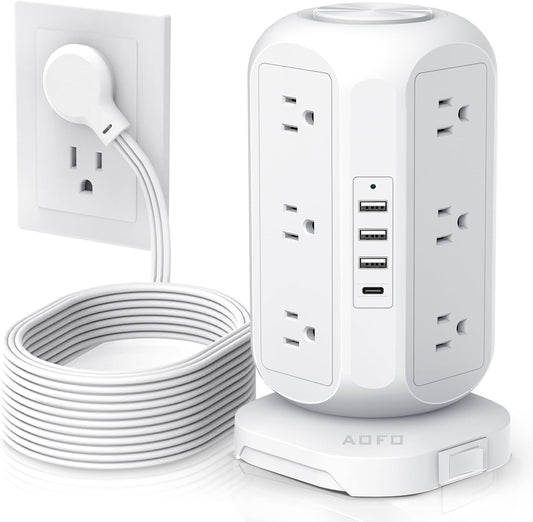 15 ft Long Extension Cord Power Strip Tower,AOFO Surge Protector 12 AC Outlets 4 USB(1 USB C) Ports, Charging Tower Overload Protection with Multiple Outlets for Home Dorm Office