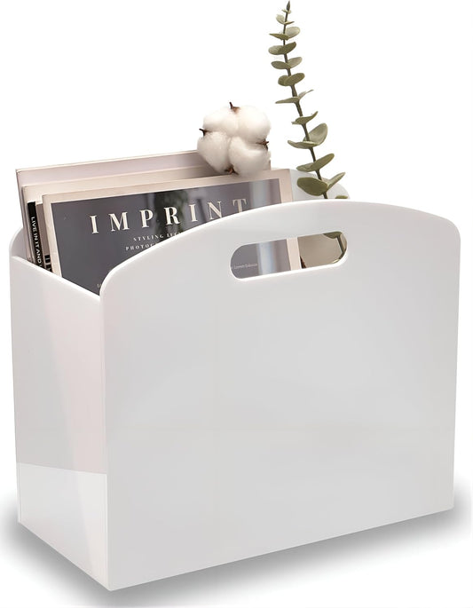 White Magazine Holder - Acrylic Magazine Rack Floor, Newspaper Stand with handles, Modern Lucite Magazine and Book Basket Box for Bathroom, Bedroom, Living Room