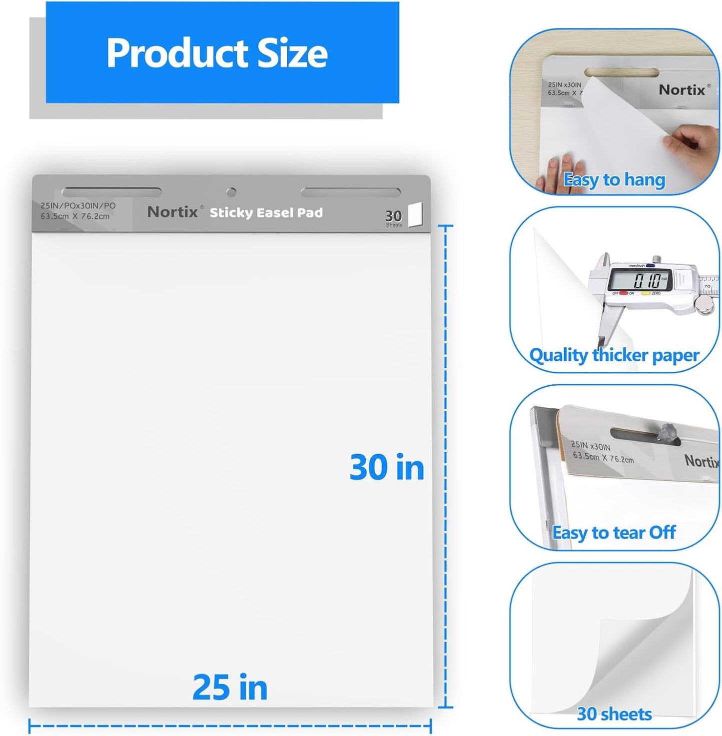 Nortix Flip Chart Paper, Sticky Easel Pads, Chart Paper for Teachers,Super Adhesive & Bleed-Resistant, Large Self-Stick Easel Paper for Classroom/Office, 25 x 30 inch, 30 Sheets/Pad, 6 Pads