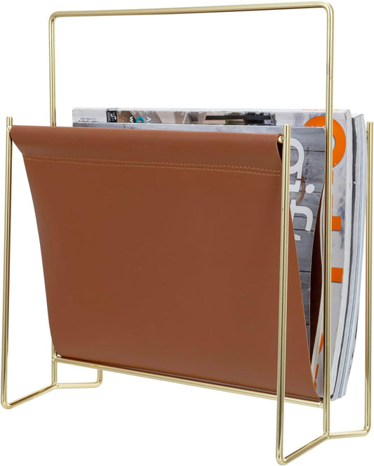 MyGift 13 inch Modern Caramel Leatherette Magazine Holder Floor Standing Sling Style Rack with Brass Tone Metal Frame