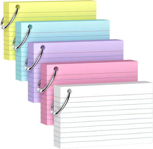 250-Pack Colored Index Cards, 3x5 Inch w/Key Ring – 180gsm Heavyweight Flashcards – 5 Vibrant Colors Flash Cards (White Pink Purple Blue Yellow) – Perfect for Study, Notes & Memory, Students School