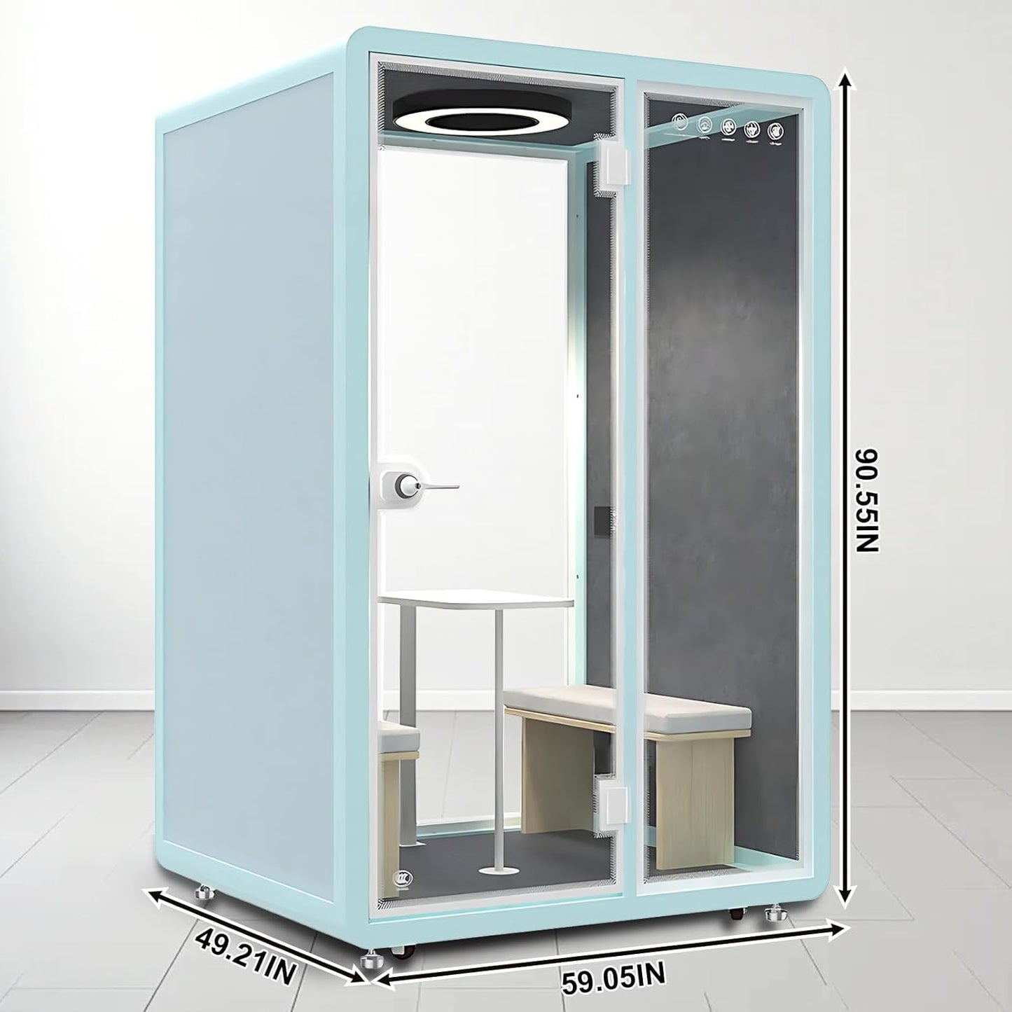 Office Sound Booth with Audio Privacy - Freestanding Soundproof Booth Includes Light Blue Frame Design,Modern Soundproof Room with Light, Socket,Casters for Study,Negotiation (59.05IN)