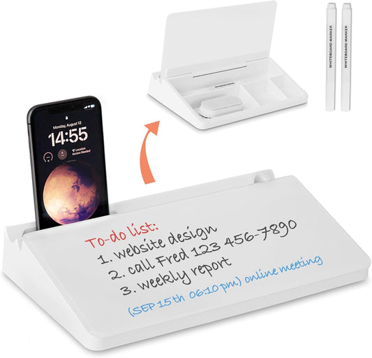 Glass Desktop Whiteboard with Storage 12"x6.5", Glass Whiteboard Desk Dry Erase Board w. 2 Markers,1 Eraser Monitor Mono Board, Office Desk Accessories, Work from Home Essentials