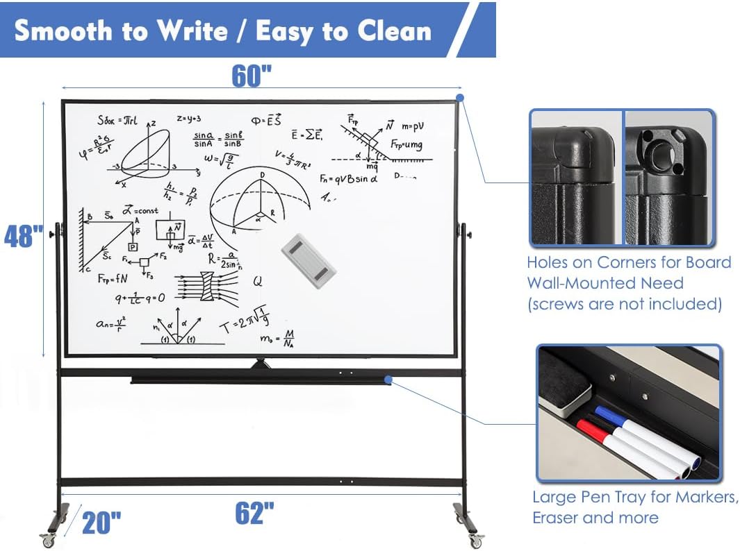 Large Magnetic Mobile Whiteboard 60"x48", Rolling Double Sided Stand Whiteboard on Wheels, Reversible Adjustable Height/Angle Dry Erase Board 5' x 4' Easel White Board for Office Classroom, Black