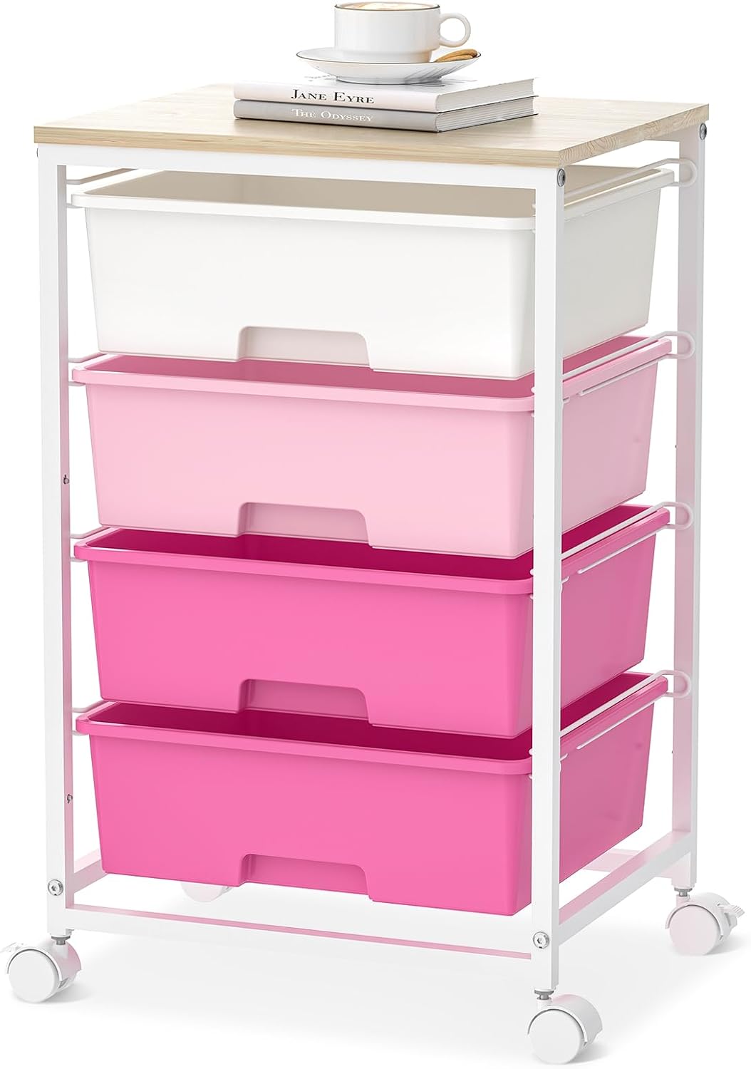 Utility-Rolling-Craft-Storage-Cart-Organizer with 4 Drawers and Wooden Tabletop, 4 Tier Drawer Cart for Home Office, Kid Room, Classroom Teacher, Dorm, Pink