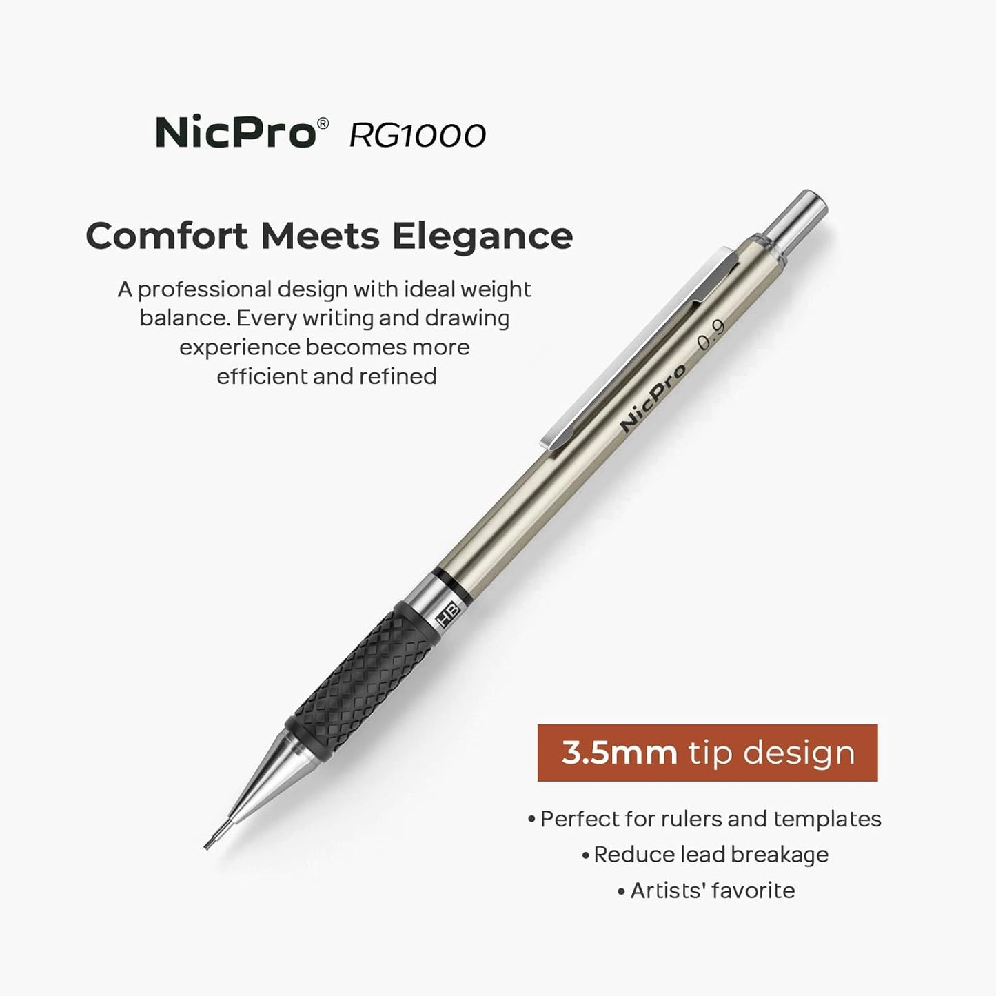 Nicpro RG1000 0.9 mm Art Mechanical Pencil Set in Storage Case, 3 PCS Metal Drafting Pencil Lead Pencil with 6 Tube HB Refills, 3 Erasers, 9 PCS Eraser Refills for Artist Writing, Drawing, Sketching