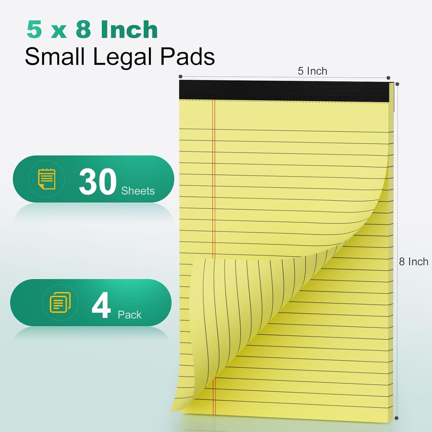 Legal Pads 5x8 Inch, 4 Pack, Narrow Ruled, 5x8 Yellow Legal Pad, Mini Double-Sided Printing Notepad Perforated Note Pads 5x8" Lined Paper, Lined Writing Pads for Office Home School, 30 Sheet/Pad
