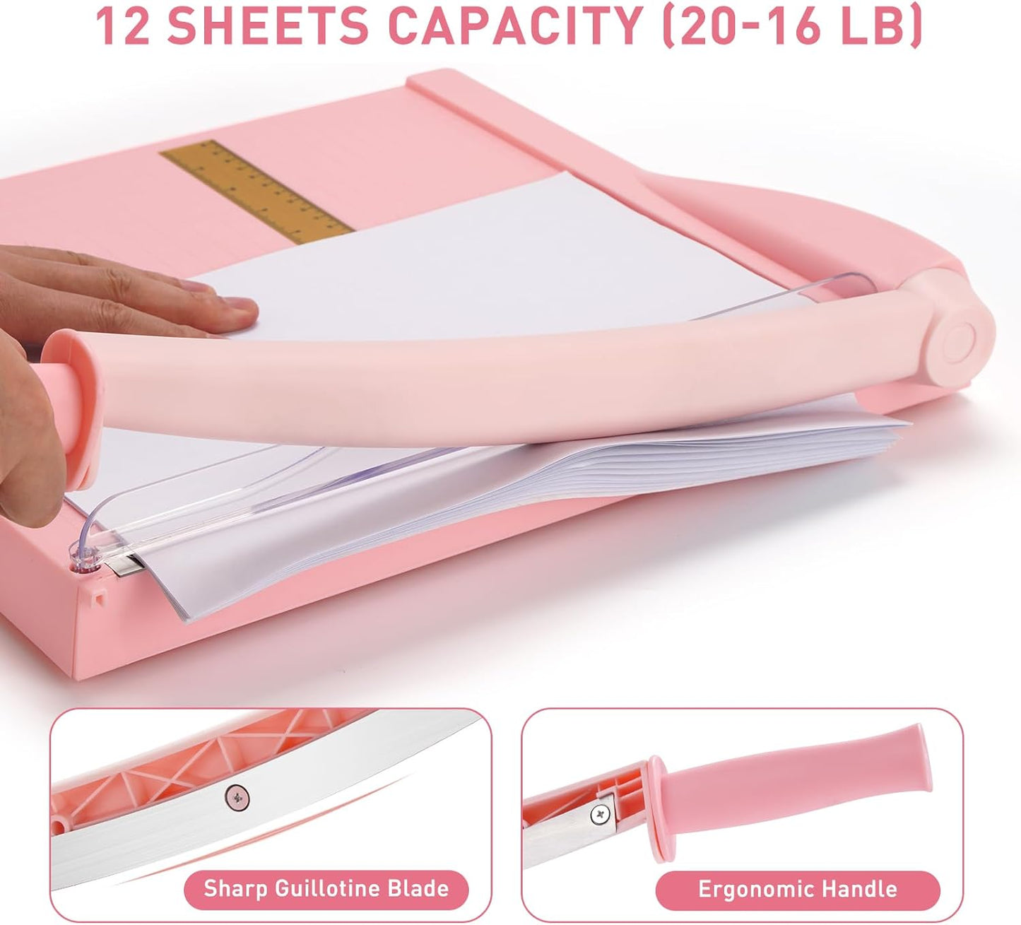 Paper Cutter, Paper Trimmer with Safety Guard, 12" Cut Length Paper Slicer with 16 Sheet Capacity Paper Cutting Board,Guillotine Paper Cutters and Trimmers for Cardstock Cardboard Vinyl (Pink)