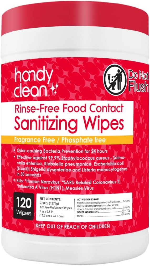 HandyClean Rinse-Free Food Contact Sanitizing Wipes Canister, Multi Surface Cleaning Supplies for Kitchen and Professional Setting One Canister (120 Wipes)