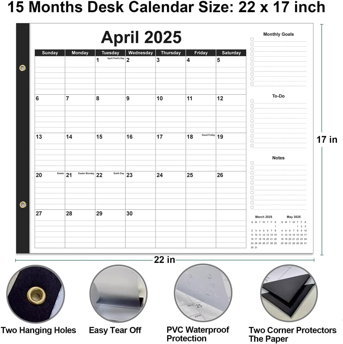 Large Desk Calendar 2025-2026 - 22" x 17" Desk Calendar from April 2025 - June 2026, Desktop Pad Calendar Perfect for Planning and Organizing In Your Home, School or Office, Black