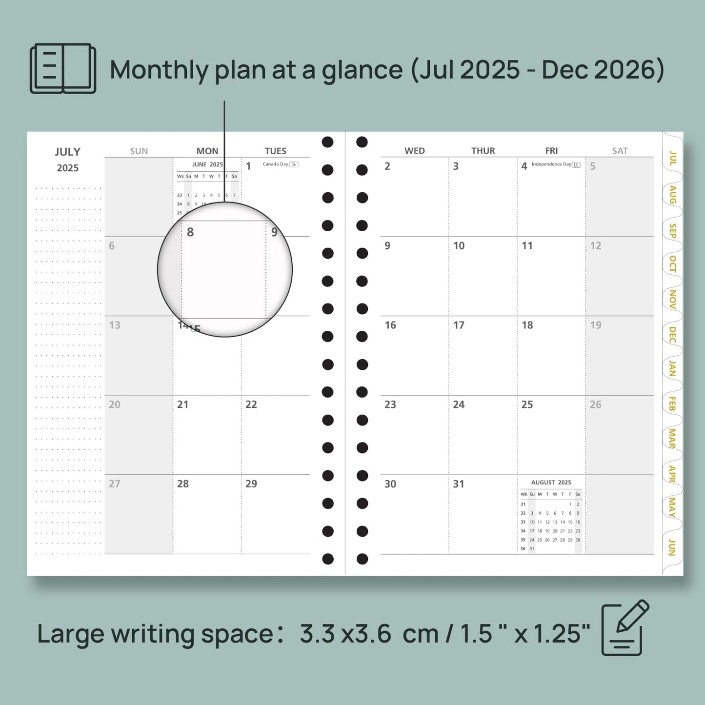 POPRUN Monthly Planner 2025-2026 Spiral Hardcover (6.25'' x 8.5''), 18 Months Calendar (Jul.2025 - Dec.2026)- 2 Pages per Month with Dotted Note Pages, Sunday Start, Laminated Tab - Burgundy