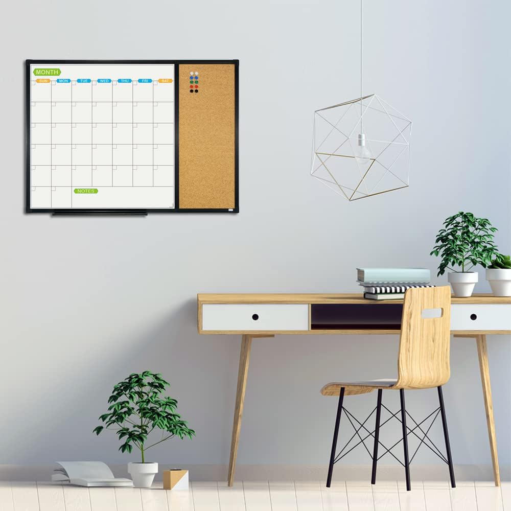 JILoffice Magnetic Calendar Whiteboard & Bulletin Corkboard Combination, Combo Board 28 x 20 Inch, Black Aluminum Frame Wall Mounted Board for Office Home and School with 10 Push Pins