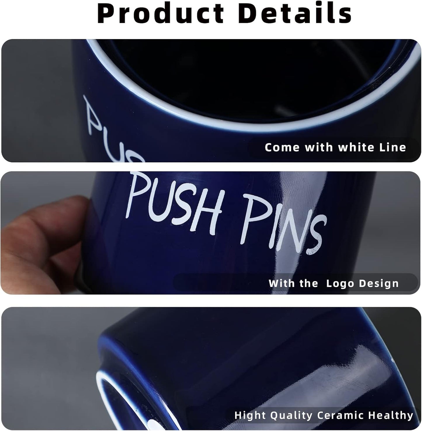 Ceramic Push Pins Holder, Paper Clips Dispenser Organizer for Desk and Binder Clips Holders Container for Office School Home Supplies 3.4Inch, Navy