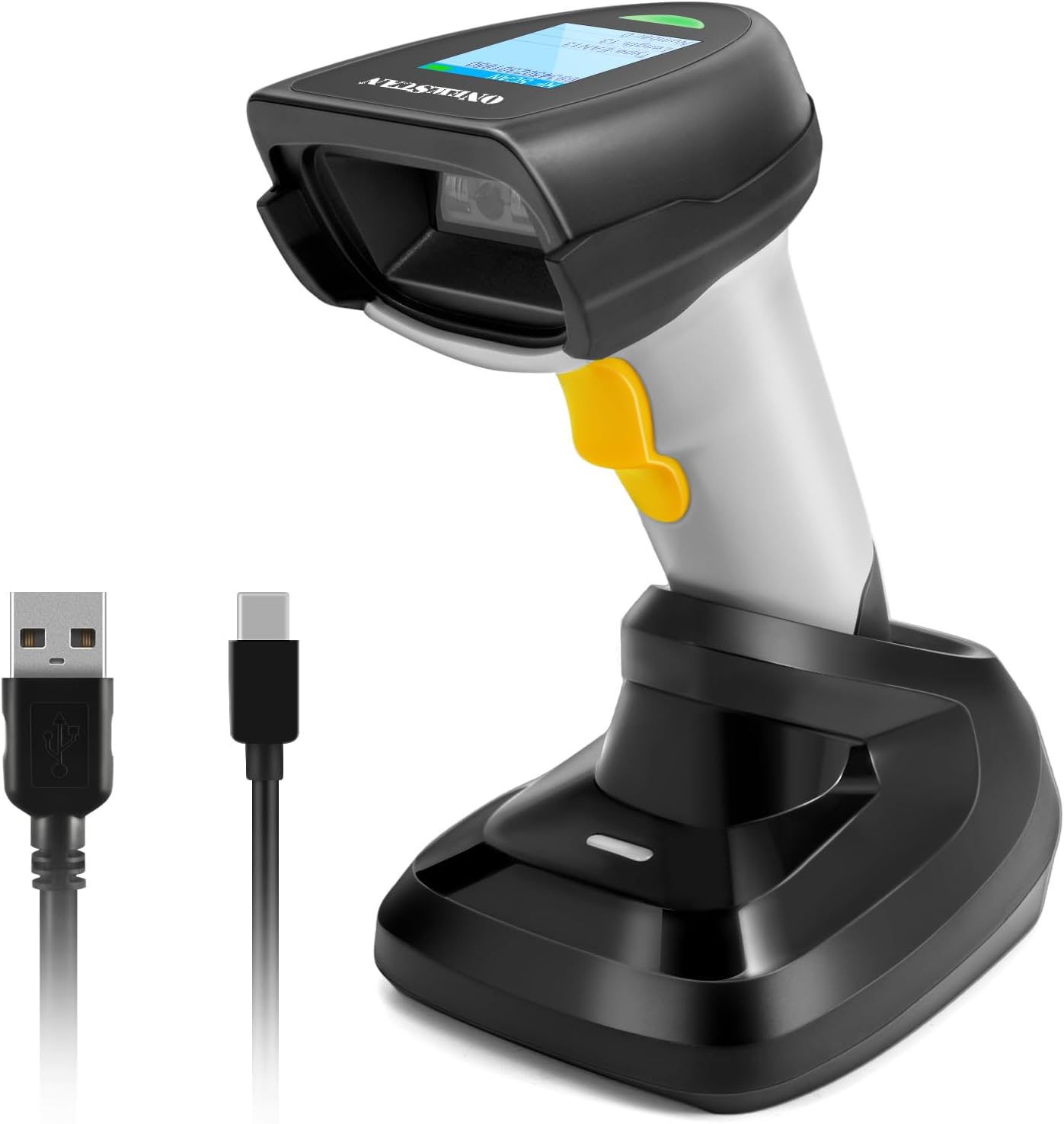 Barcode Scanner Wireless 1D, ONEWSCAN Barcode Reader with Smart Charging Base Stand 2.4G Wireless & USB Wired Connection Plug and Play Handheld Bar Code Scanners with Screen
