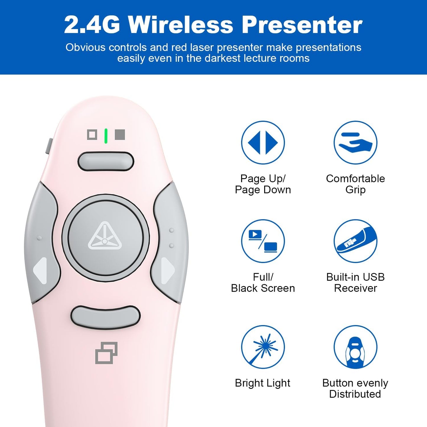 QUI Presentation Clicker Wireless Presenter Remote Clicker for PowerPoint Presentation Remote, PowerPoint Slide Advancer for Mac/Windows/Linux, Google Slide/PPT/Keynote, USB, Pink