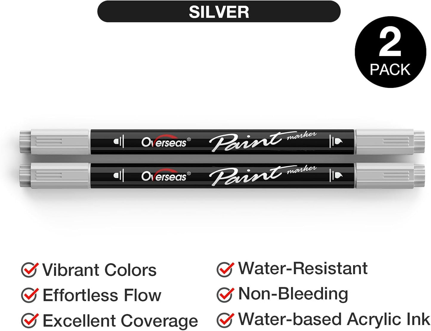 Overseas Silver Acrylic Paint Markers, 2 Pack Dual Tip Paint Pens Acrylic Markers with Dot and Brush Tip, No Bleeding Coloring Marker for Wood, Rock, Canvas, Glass, Metal, Ceramic, Plastic, Fabric