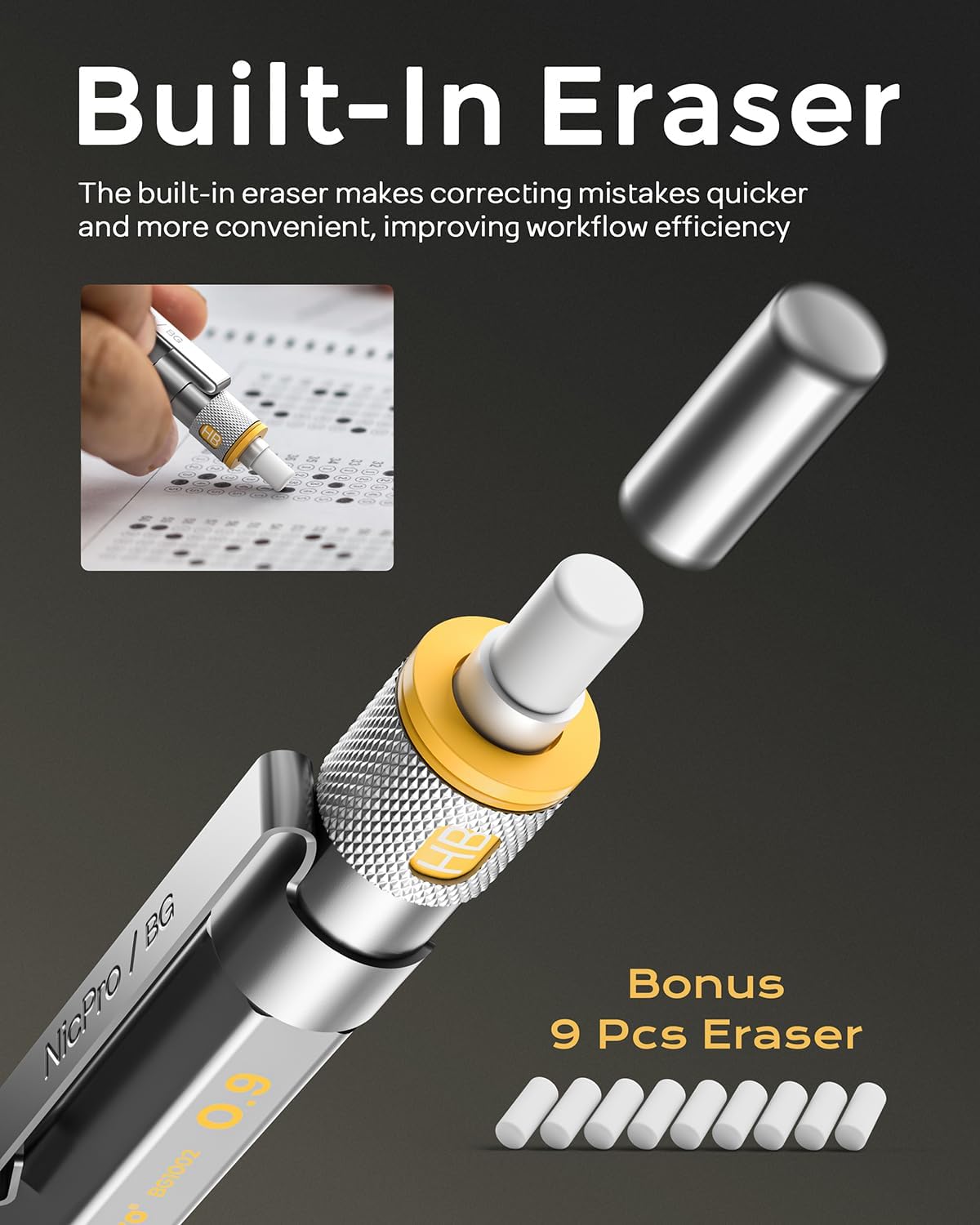 Nicpro Blocky Gear 0.9 mm Mechanical Pencils Set in Case, Metal Pencil with 0.9mm HB Lead Refills, Eraser for Professional & Adult Art Writing Drafting Drawing