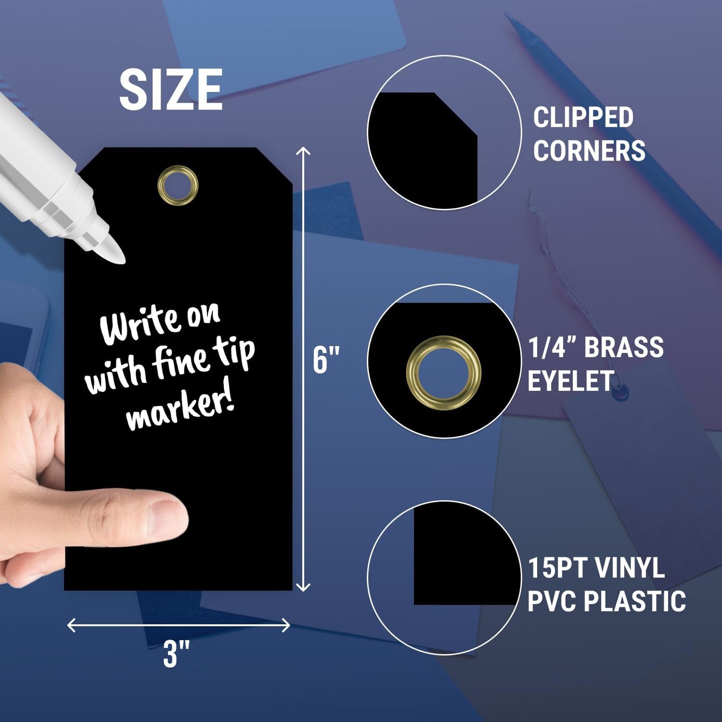 Tags 4 Less 15 Mil Waterproof Plastic Tags, Pack of 100 – 3” x 6” Heavy Duty Plastic Tags for Labeling, Outdoor Tagging, Equipment Labeling, Luggage, Valves & More (Black)