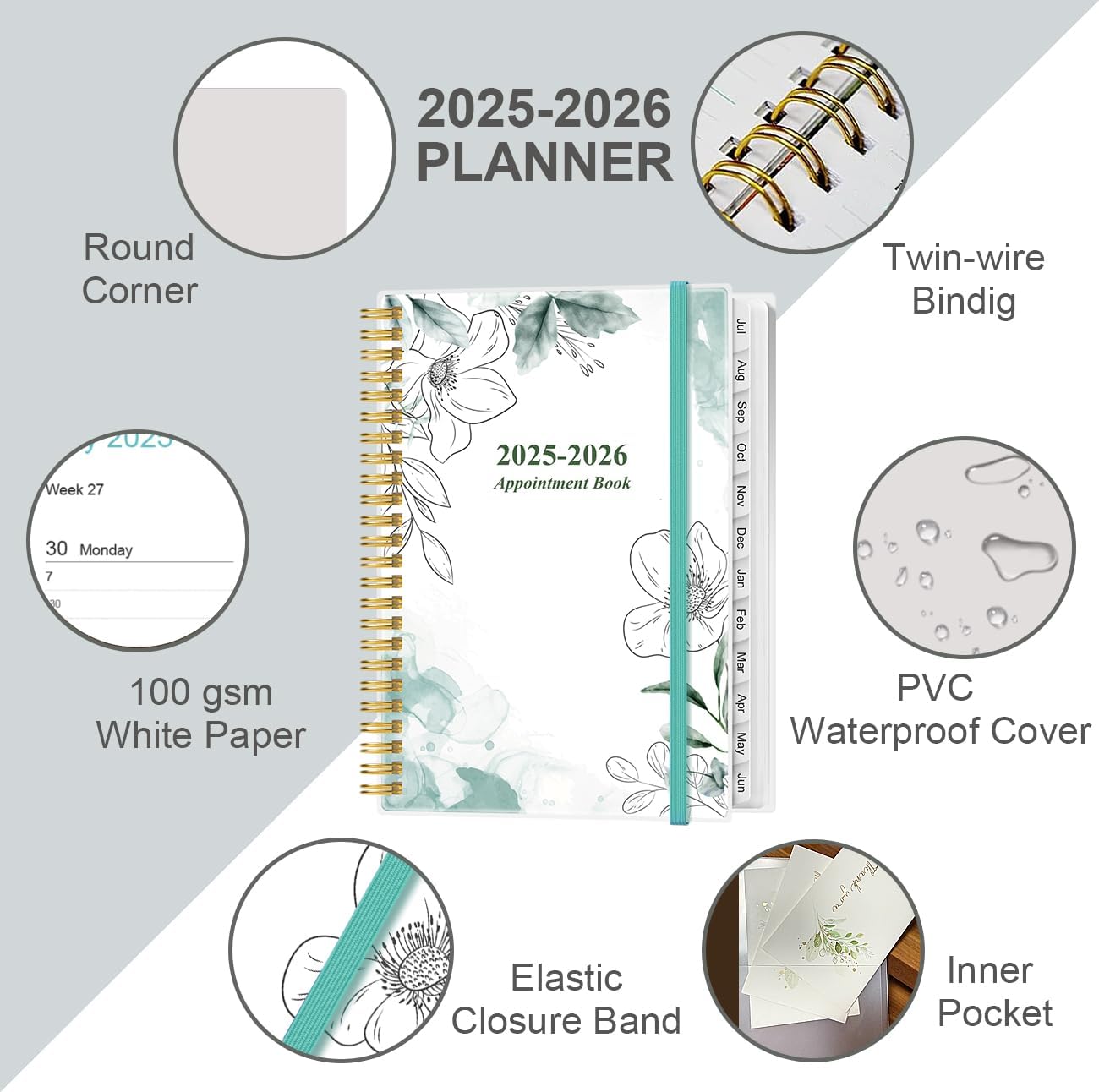 2025-2026 Appointment Book & Planner - Hourly Planner from July 2025 - June 2026, Weekly Appointment Book 2025-2026 with 30-Minute Interval, 6.4" x 8.5", Teal Floral
