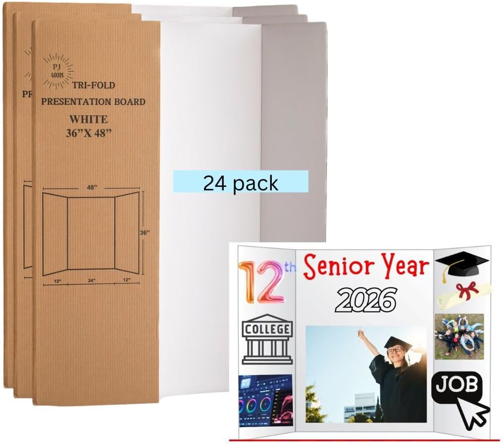 PJ Goods 24 Pcs White Tri Fold Poster Board 36" x 48 for Science Fair Presentation Displays, School Projects, Business Displays, 4H, Sports, Graduations/Senior Night, Lightweight and Foldable