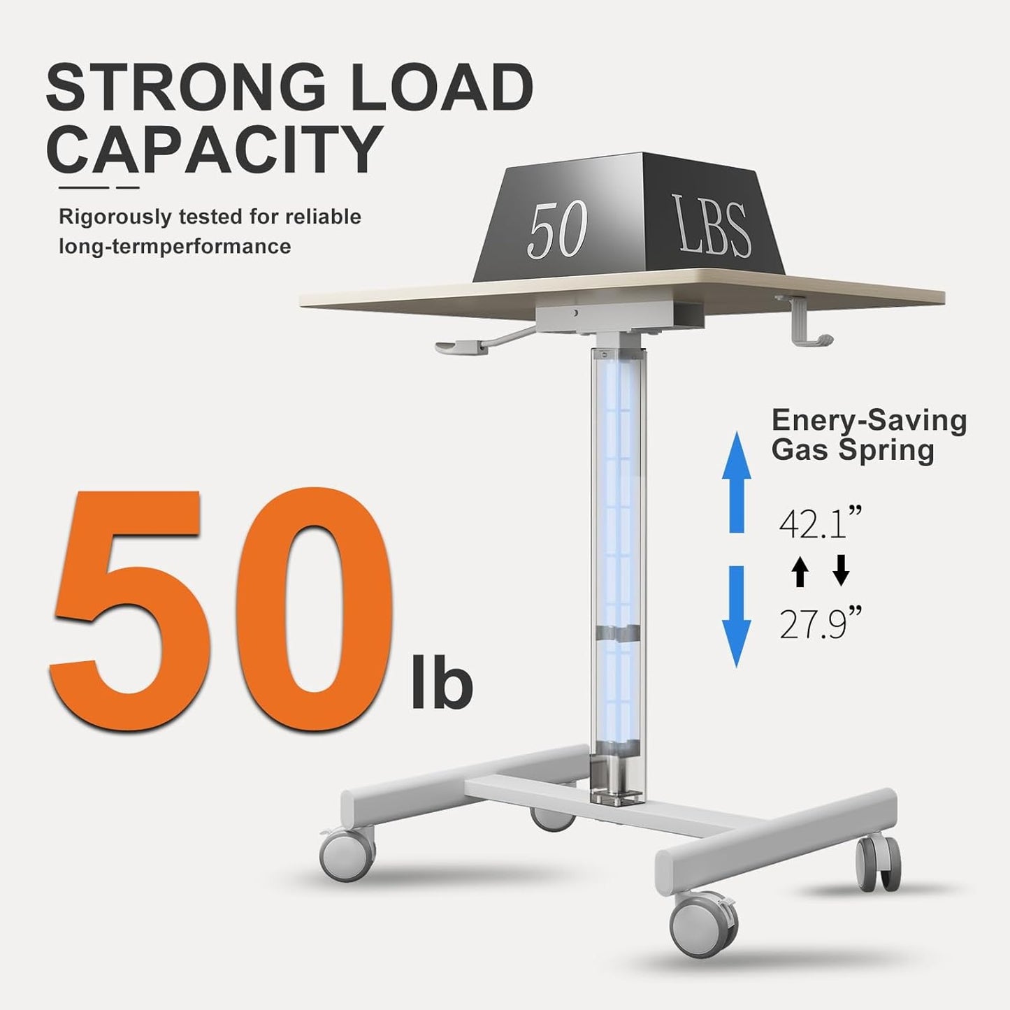 Mobile Small Standing Desk, Gas Spring Adjustable Height Rolling Portable Laptop Desk with Lockable Wheels, Computer Workstation, Rolling Podium (Maple Top + White Frame, 18 * 26)