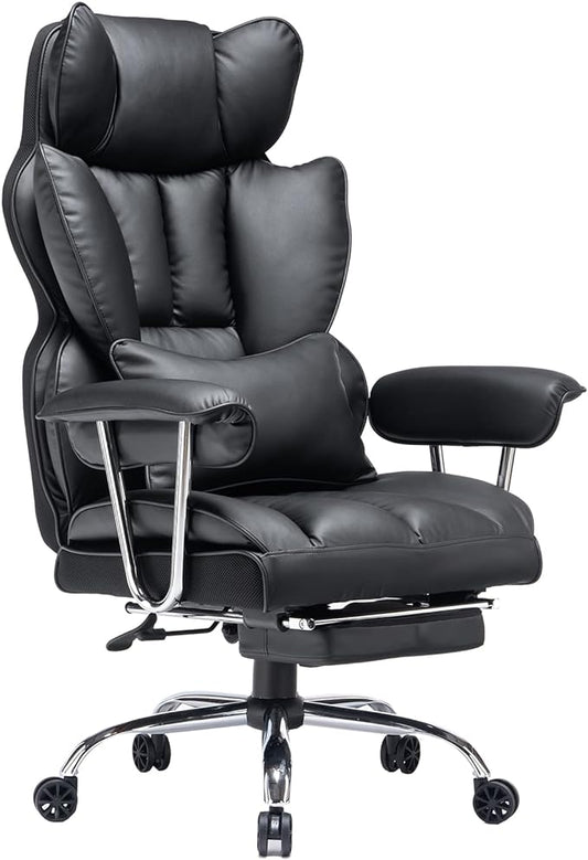 Efomao Big and Tall Office Chair with Foot Rest 400LBS, PU Leather Computer Chair, Heavy Duty Executive Office Chair with Lumbar Support, Black Home Office Chairs
