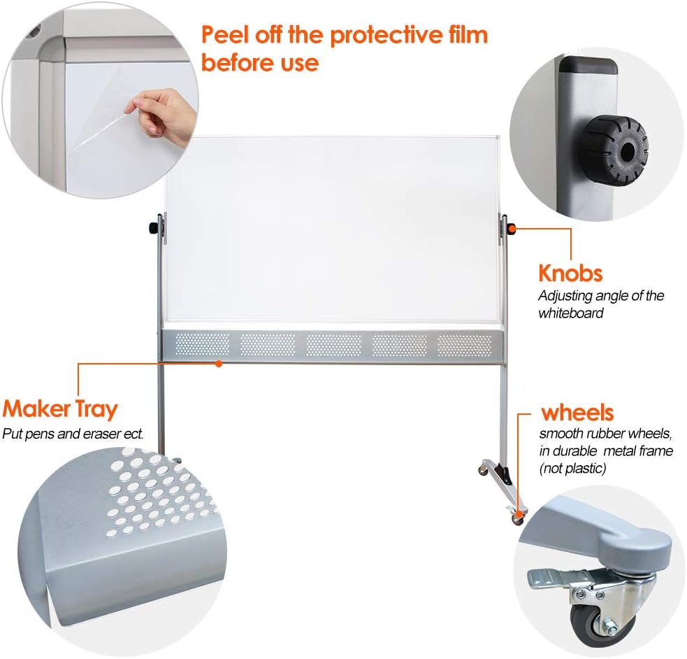 Xiwode Movable Double-Sided Magnetic Whiteboard with Wheels, Upgraded Durable Type of Mesh Bracket, Whiteboard Dimension 60×36,Can be Flipped, Written and Display, Suitable for Office and Classroom