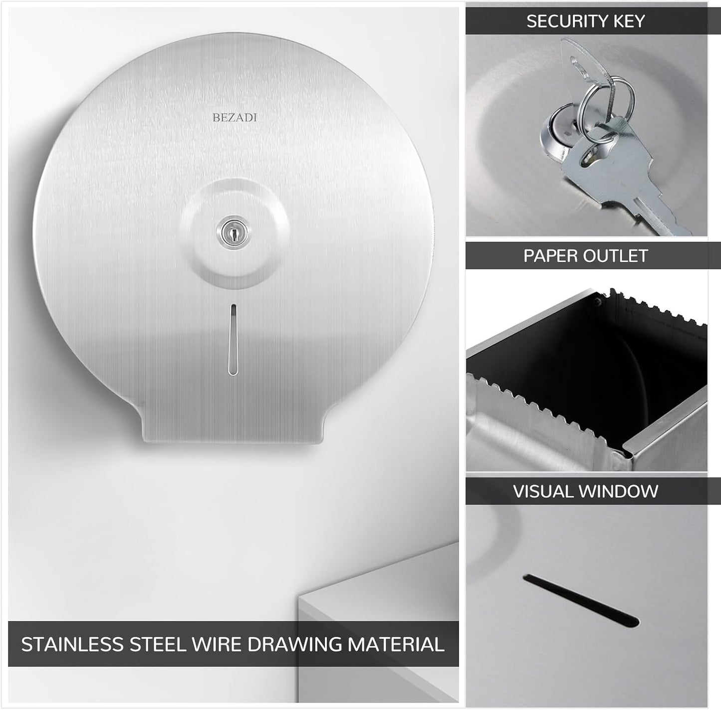 Toilet Paper Towel Dispenser Wall Mount, Jumbo Roll Toilet Tissue Dispenser, 9 Inch Paper Key Lock Stainless Steel Dispenser