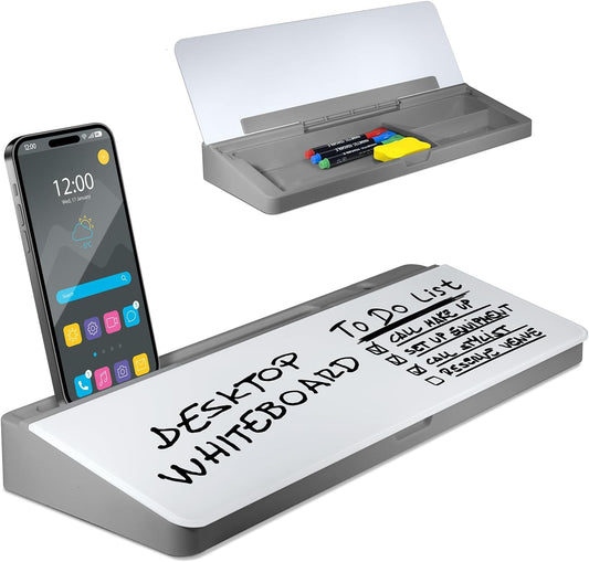 Desktop Whiteboard - Glass Dry Erase White Board - Desk Computer Buddy – Home Office & Studying Essentials - Desktop Pad with Phone & Tablet Slot, Storage Compartment - Includes 4 Markers, 1 Eraser