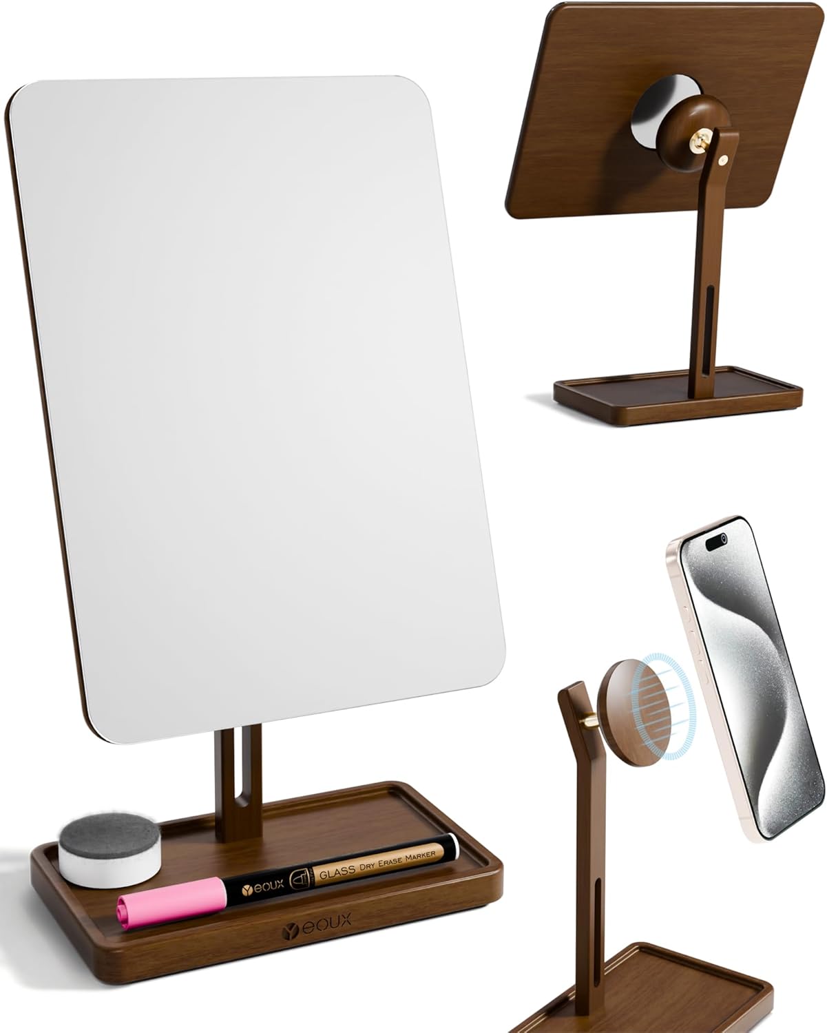 YEOUX Premium Desktop Glass Mirror, Dry Erase Board & Magnetic Phone Stand 3-in-1 | 360° Adjustable | Solid Wood | MagSafe Compatible, Small Whiteboard for Office Home Desk