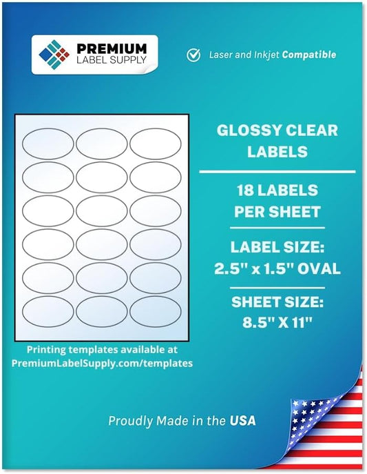 Premium Label Supply Glossy Clear Sticker Oval Labels – 2.5" x 1.5" Oval – Laser/Inkjet Compatible – (18 per Sheet), 10 Sheets – 180 Total Adhesive Labels