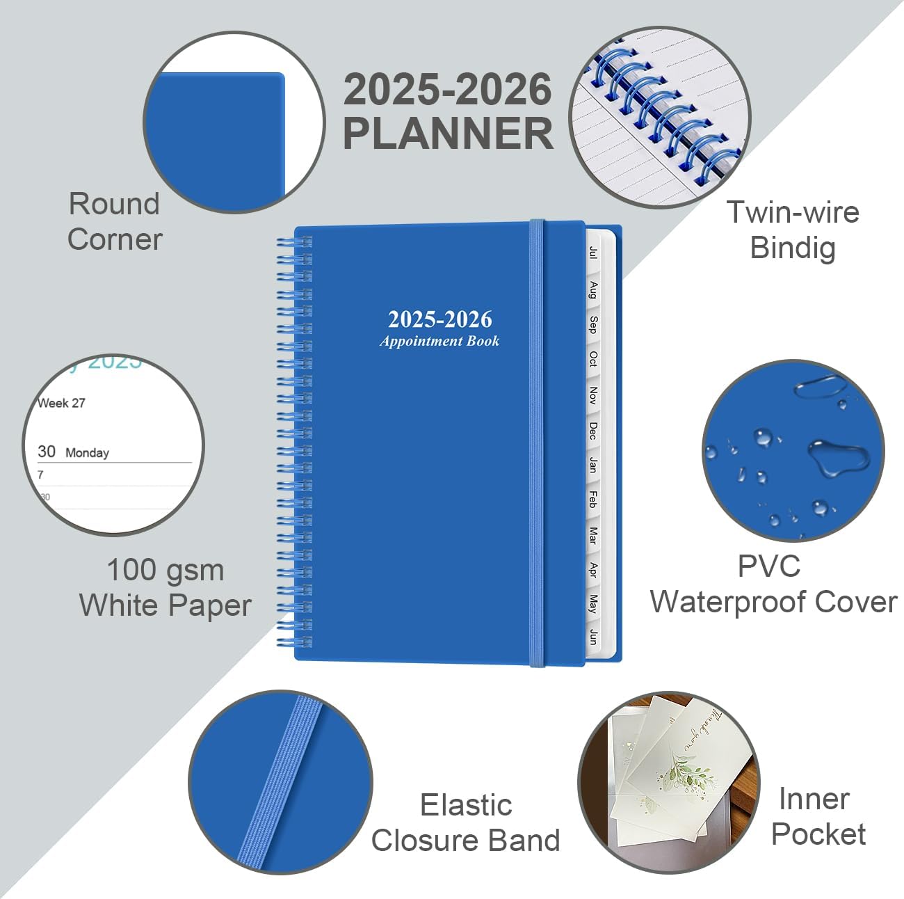2025-2026 Appointment Book & Planner - A5 Daily Hourly Planner from July 2025 - June 2026, Weekly Appointment Book with 30-Minute Interval, Medium 6.4" x 8.5", Blue