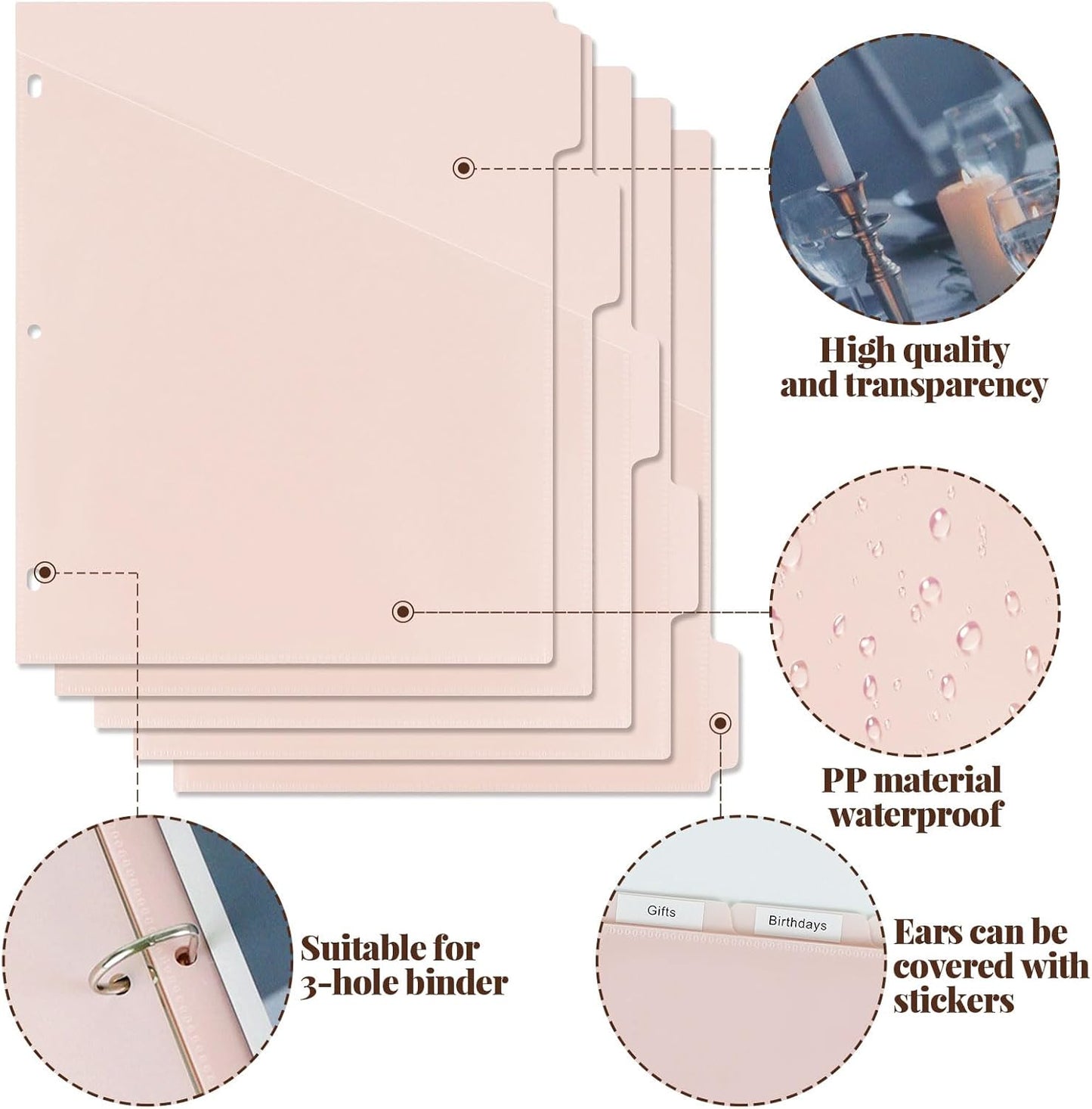 5 tab dividers for 3 Ring Binder with Pockets, Plastic Dividers with Clear Front Pocket, 5-tab Index Dividers with 3 Holes Punched for School & Office Supplies (Pink - 2 Sets)