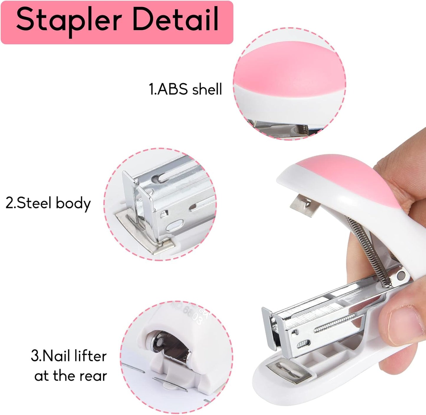 NEBURORA Mini Effortless Desktop Staplers with 400 Standard 26/6 Staples, 2-24 Sheet Capacity, Includes Built-in Staple Remover, Cute Stapler Gift for Student and Office Use, 3 Colors Options (Pink)