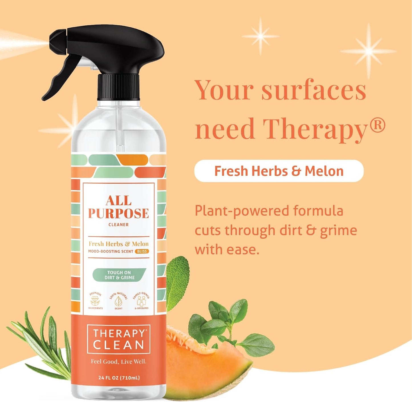 Therapy Clean All Purpose Cleaning Spray - Fresh Herbs & Melon 24 fl. oz - 100% Natural Scent, Kitchen Surface Counter, Surface Cleaner, Non Toxic All Purpose Cleaner Spray