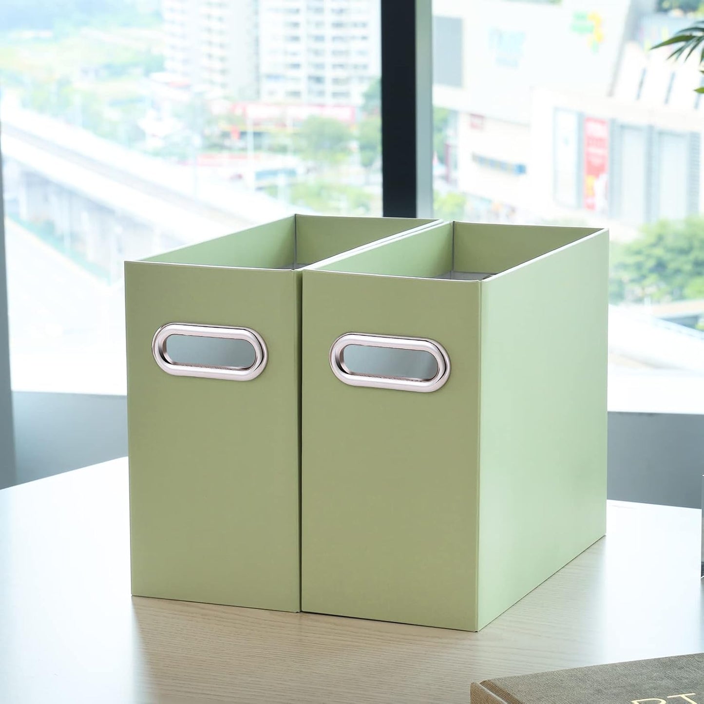 Oterri File Organizer, 2 Packs Small Storage Box, Cardboard File Folder Organizer, Collapsible File Box for Hanging File Folders Letter Size, Portable Filing Organizer with Handle (Green)